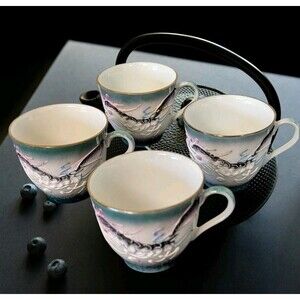 Vintage Japanese Dragon Tea Cups Set of 4 Seafoam Green Moriage Made in Japan